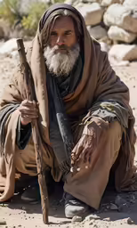 an old man in a blanket sitting on the ground