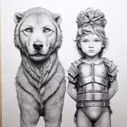 a pencil drawing of a girl and a wolf