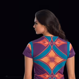 woman in the back of an orange and blue shirt, standing back