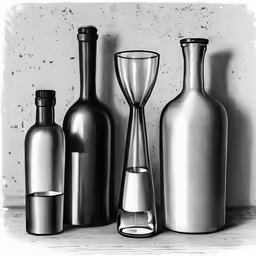 a black and white photograph of different bottles and glasses
