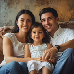 two adults and a girl sitting on a sofa