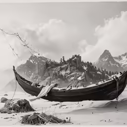 a old boat sitting in the sand by mountains