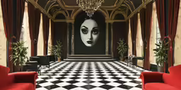 a room with a checkered black and white floor