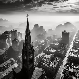 black and white photograph of city at dawn