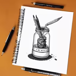a spiral bound notebook with a pencil and pen, surrounded by other objects