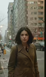 a girl in a trench coat walking down the street