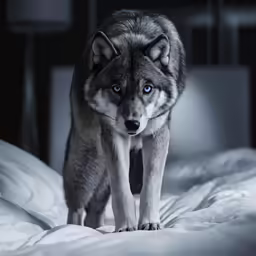 a wolf standing on a bed with an unmade mattress