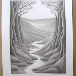 an drawing in the wall of a room,an artwork depicting a stream in a snowy forest,an artistic drawing with trees and a stream,a pencil drawing with a stream in the middle,a drawing on white paper of trees and stream