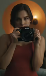 the woman with a camera is taking a selfie