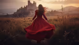 a woman in a long red dress walking in an open field