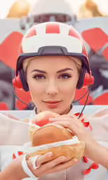 a woman in helmet eating a hamburger while wearing headphones