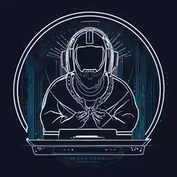 a graphic artwork of a person in headphones using a laptop,a person on a laptop with the person in the background