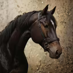 a black horse with blonde hair standing in an enclosure