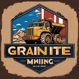 a logo with the name grainite and a truck,a yellow dump truck is driving through the logo