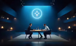 two men sitting at a table with a lit up wall in the background