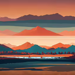 some mountains and water on an orange sunset,this is a beautiful image of a lake and mountains