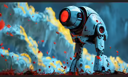 a robot in front of a mountain with its nose open