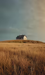 an old church sitting on a hill with wheat in the foreground