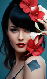 a girl with a red and white flower in her hair