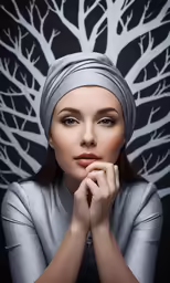 a woman with a gray headband posing for the camera