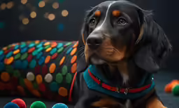 the dog is laying on the carpet with several colored balls