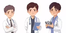 the three doctors, one in white coats, are holding up a clipboard and looking into a clip camera