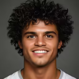 a young man with curly hair smiles for the camera