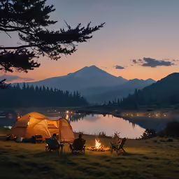 a group of people sit around a campfire as the sun sets
