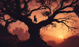 a large tree in front of a sunset with silhouette of child sitting on top of it,a person climbing up a large tree in the evening