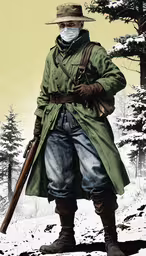 an illustration of an old man in a coat, mask and gloves, standing outside on a snowy field,the painted photo shows an old man wearing a mask and holding a rifle