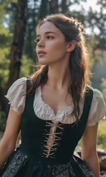 a woman in a dress standing next to trees