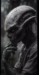 a creepy alien with long hair is eating