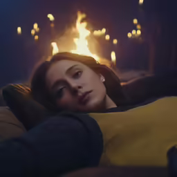a woman in black and yellow top laying on yellow couch
