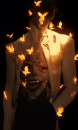 an evil man with fire flies around him