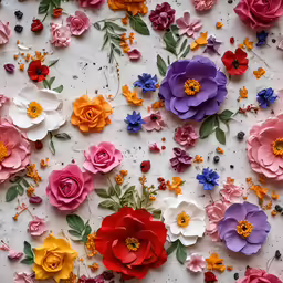 paper flowers are scattered around and spread on a white surface