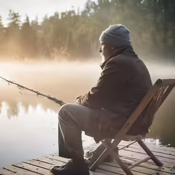 a man sitting on a bench and fishing