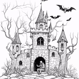 a castle with bats flying from the roof