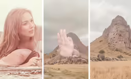 a collage of a lady laying in a field, next to mountains with grass