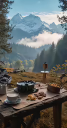a wooden table with food and beverages at the peak of a mountain