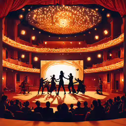 people are dancing around in a theatre area,performers and stage lights surround a theatre for people