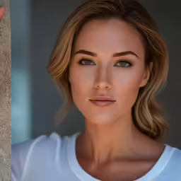 a woman in a white shirt has long blonde hair