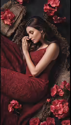 a woman in a red dress sitting on a bed