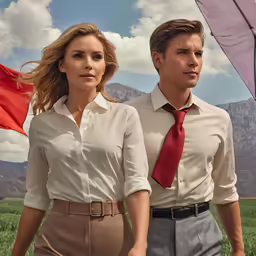 two people stand in a field with their arms around each other