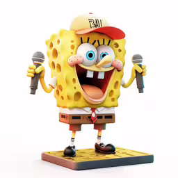 a spongebob figurine with its mouth open,spongebombs is wearing an orange cap and holding two hairdryers