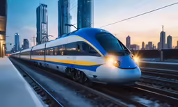 train on the track in front of city skyline