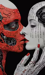 a painting of a couple with body parts and words all over them
