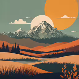 a landscape is depicted in this image with an orange sun,a scenic view of mountains and the sun with a lake and forest below