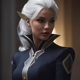 a woman in uniform and blonde hair standing next to a wall