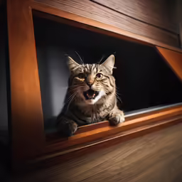 a striped cat staring out from a wooden window