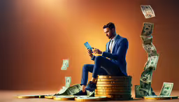 man sitting on stacks of money while using a tablet,a man sitting on top of coins and holding a tablet